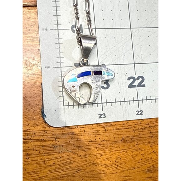 Vintage Native American Sterling Silver Bear Fetish Pendant Necklace Inlay Turqu - Picture 7 of 10